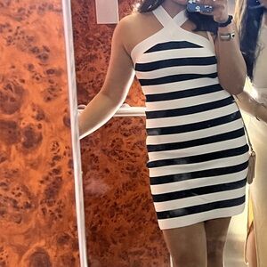 Babaton Striped Halter Dress in Navy and White